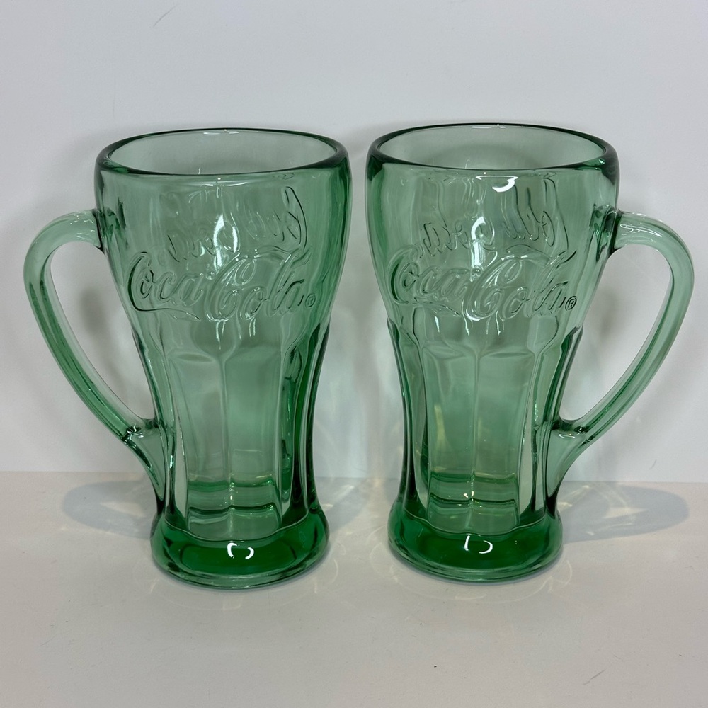Vintage Coca Cola Emerald Glass Mug Pair